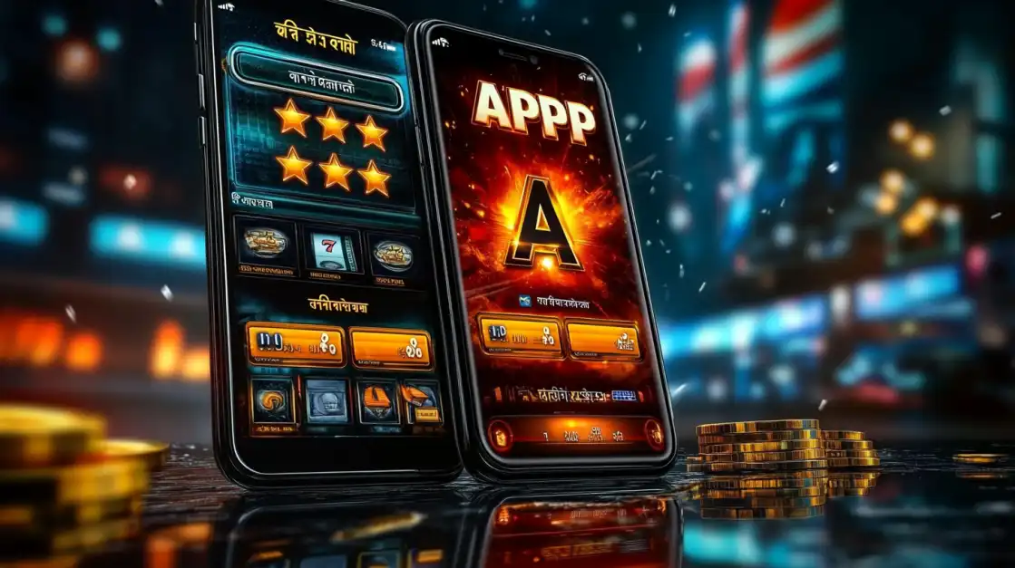 Two smartphones standing side-by-side, promoting the official okxx app with a fiery design and a preview of a five-star rated slot game interface on the screens.