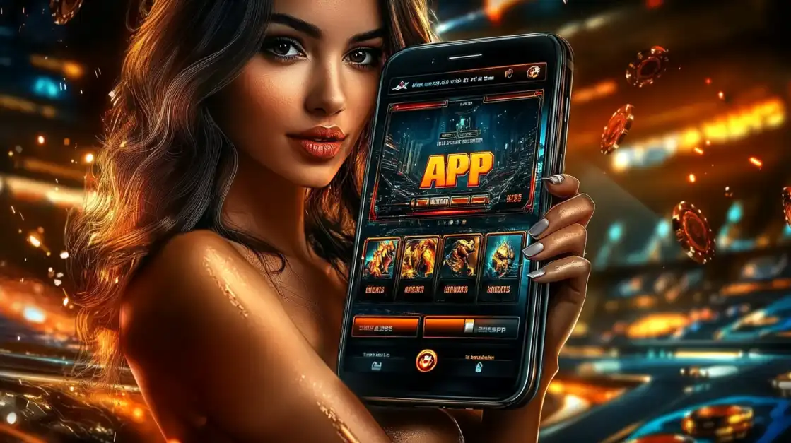 A woman presents the okxx mobile app on her phone, showing a selection of fantasy and monster-themed slot games, with casino chips floating in the air around her.