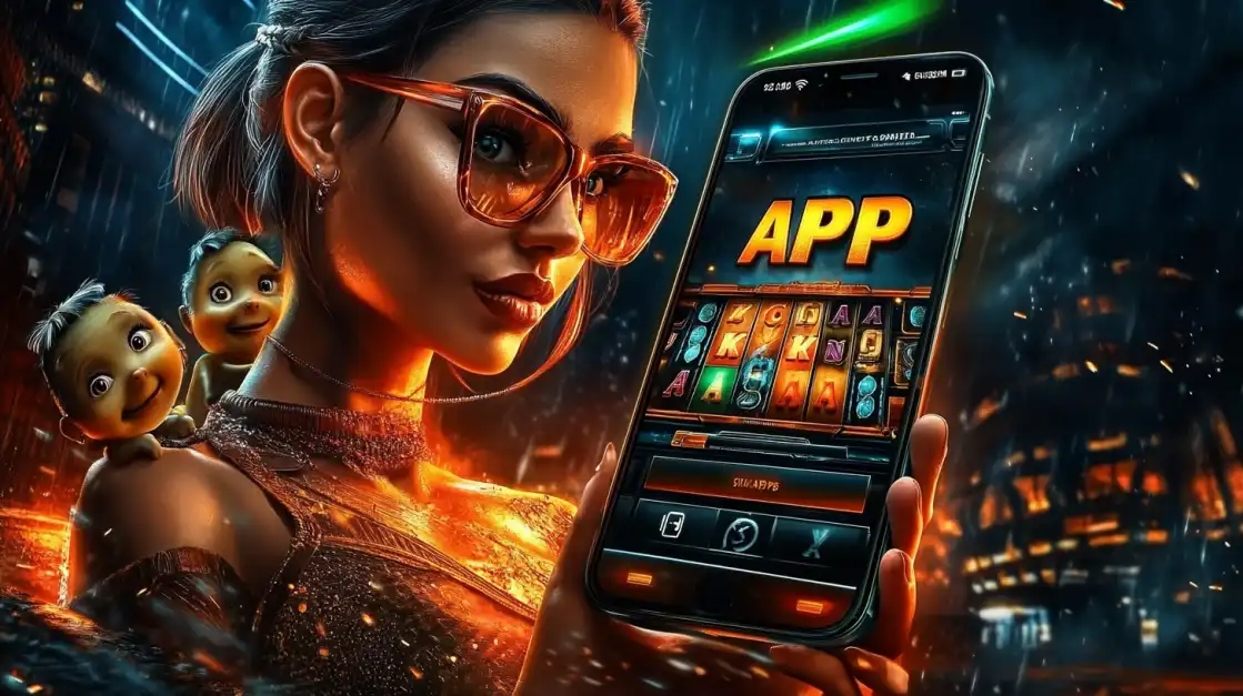 A stylish woman in sunglasses holds a phone showing the okxx casino app, with two cute cartoon characters on her shoulder, illustrating the fun and unique games available.