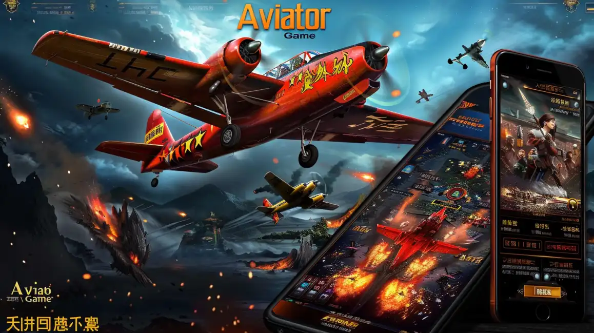 A promotional image for the Aviator game at okxx casino, showcasing a dynamic view of a red propeller plane and the game's interface on multiple smartphone screens.
