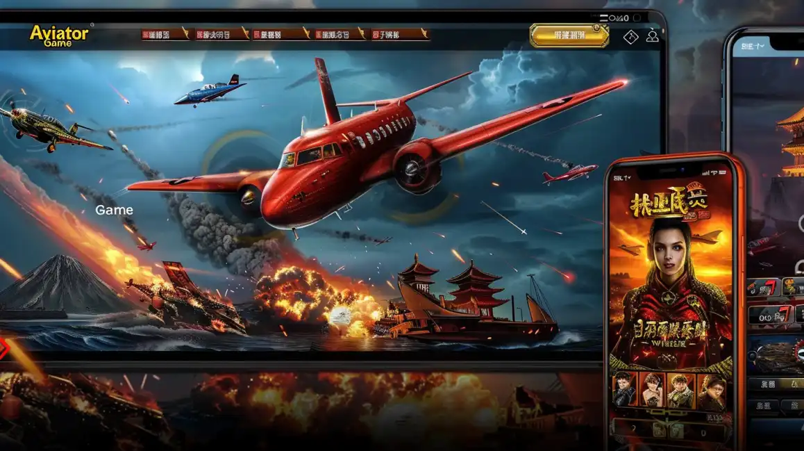The thrilling Aviator crash game interface at okxx, showing a red vintage airplane flying over a dramatic scene of exploding ships and a preview on a mobile device.
