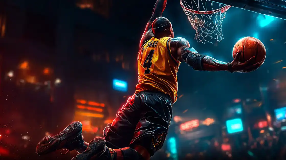 An athletic basketball player soaring through the air for a powerful slam dunk, capturing the excitement of betting on live basketball games with the okxx sportsbook.