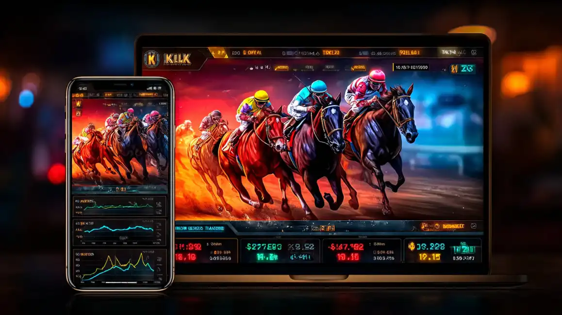 The okxx sports betting platform displayed on both a laptop and a smartphone, showing a dynamic horse race in action with live odds and betting statistics.