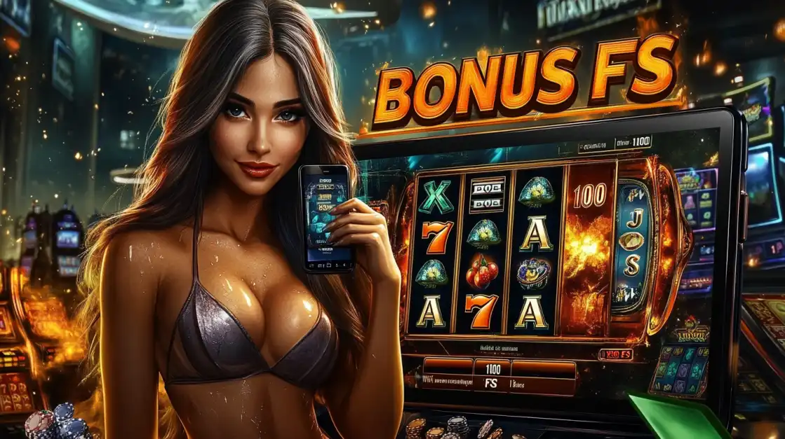 A woman in a bikini presents a slot machine screen with a BONUS FS message, highlighting the exciting free spins and bonus features you can get at the okxx casino.