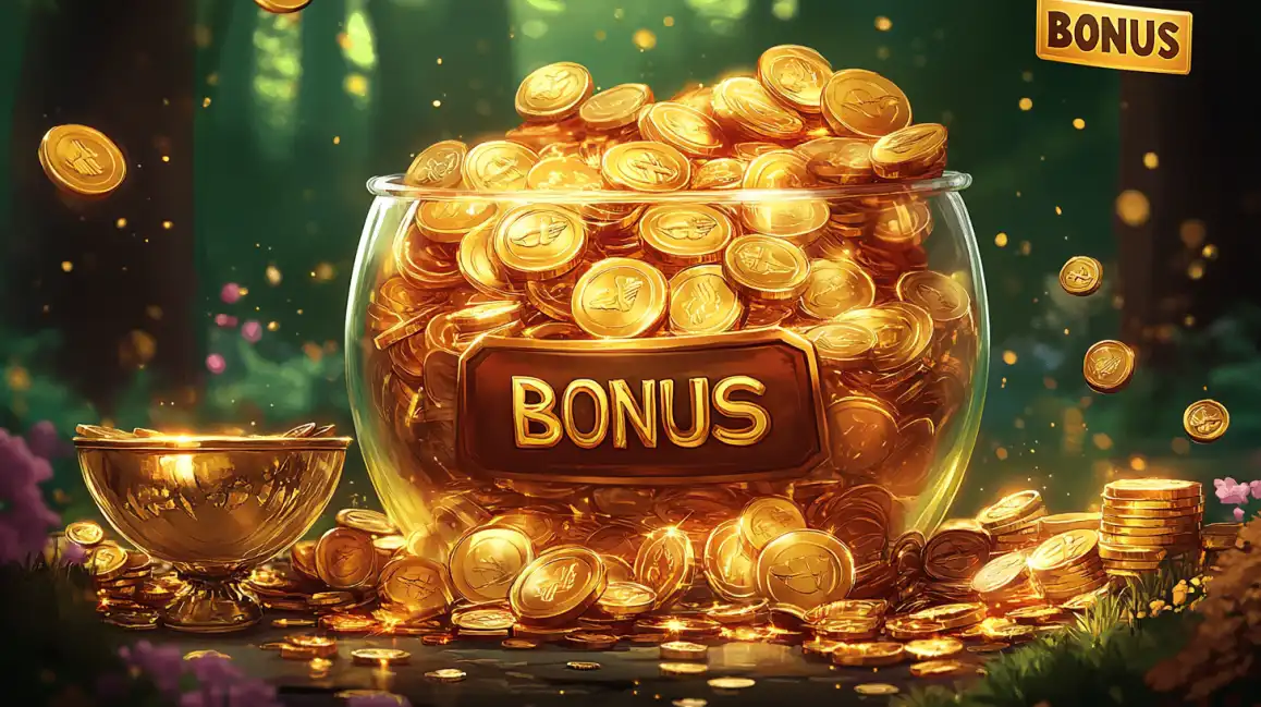 A giant glass bowl filled to the brim with shiny gold coins, representing the generous bonuses and jackpots waiting to be won by players at the okxx online casino.