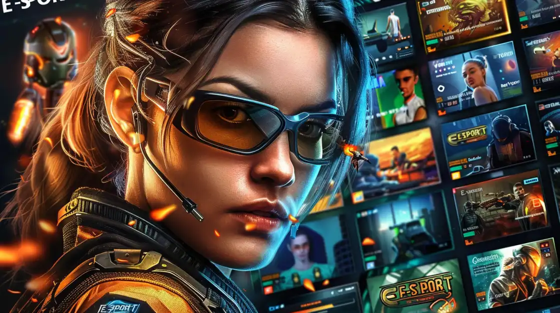An intense female gamer in tactical gear, representing the exciting and competitive world of e-sports betting available for all major tournaments on the okxx sportsbook.