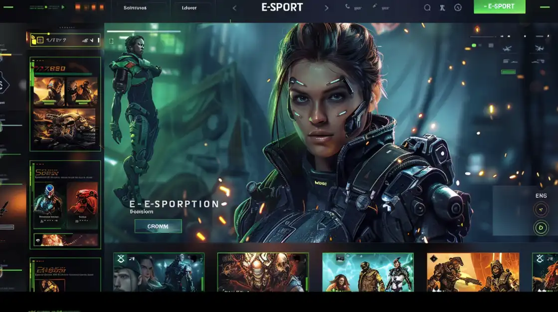 A preview of the futuristic and user-friendly interface of the okxx e-sports betting platform, featuring a roster of popular games and markets with a cybernetic character.
