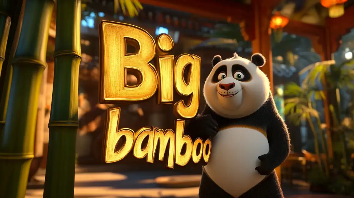 A friendly, smiling panda stands next to the giant golden logo for the Big Bamboo slot game, set in a peaceful bamboo forest. You can play this popular game at okxx.