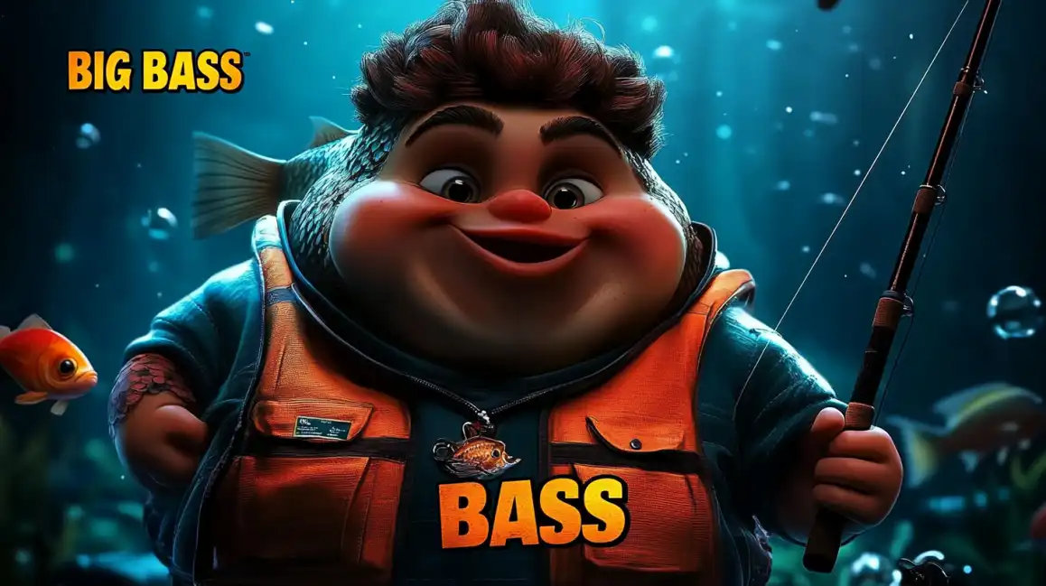 The main character from the Big Bass slot game, a friendly cartoon fisherman in an underwater setting, holding a fishing rod and ready for a big catch at okxx casino.
