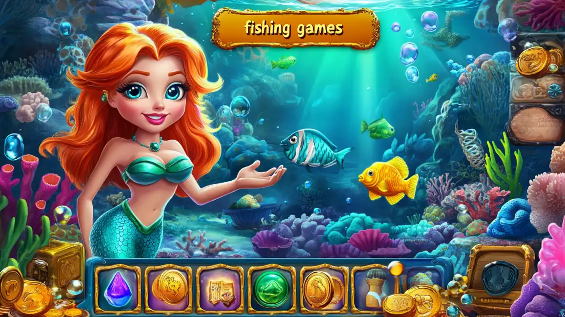 A beautiful animated mermaid with red hair in a colorful underwater scene, representing the enchanting fishing games available to play on the okxx platform, with a game interface below.