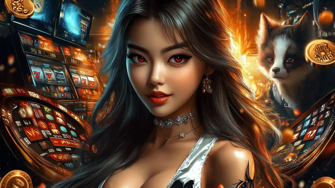 A beautiful woman with long dark hair and striking red eyes in a glamorous okxx casino setting, surrounded by glowing slot machines and floating gold coins, with a fox companion by her side.