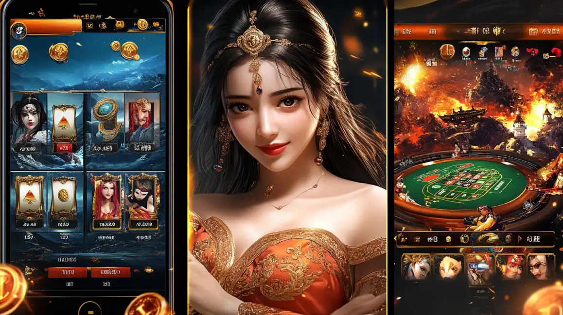 A collage showcasing the okxx mobile casino app, featuring a fantasy-themed slot interface, a portrait of an elegant princess, and a roulette table in a fiery, epic setting.