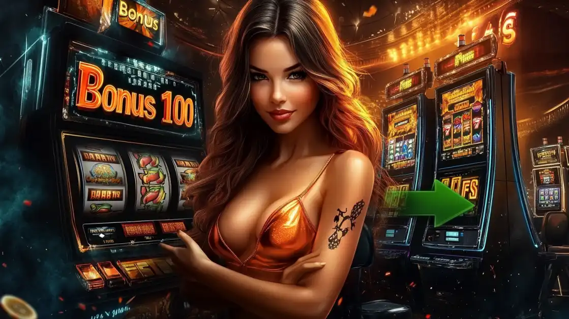 An inviting woman stands next to a brightly lit slot machine that displays Bonus 100, highlighting the exciting bonus features available in games at the okxx online casino.