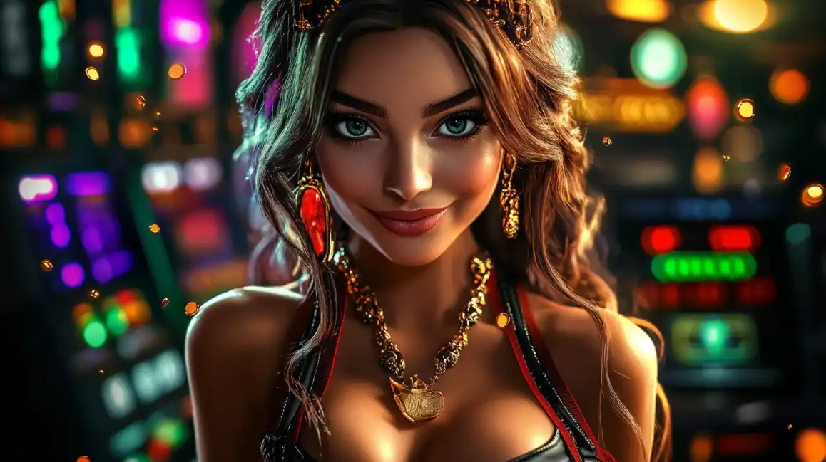 A stunning close-up of a beautiful woman with captivating green eyes and ornate gold jewelry, smiling warmly in the vibrant, neon-lit atmosphere of the okxx online casino.