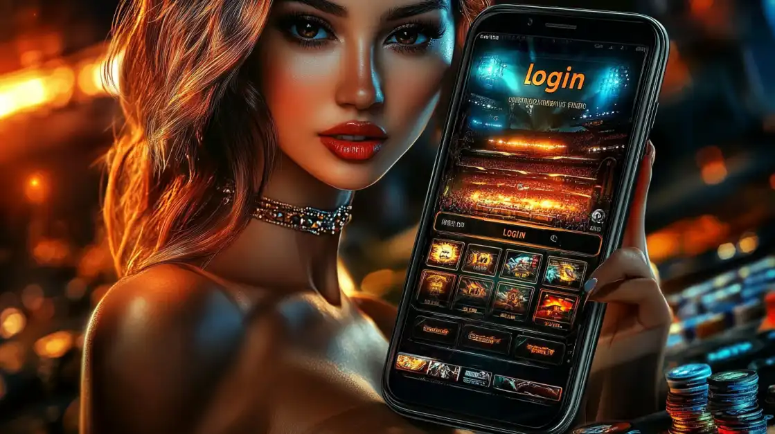 A woman holds a smartphone displaying the okxx app login screen, which features a brightly lit sports stadium, hinting at the sports betting options available.