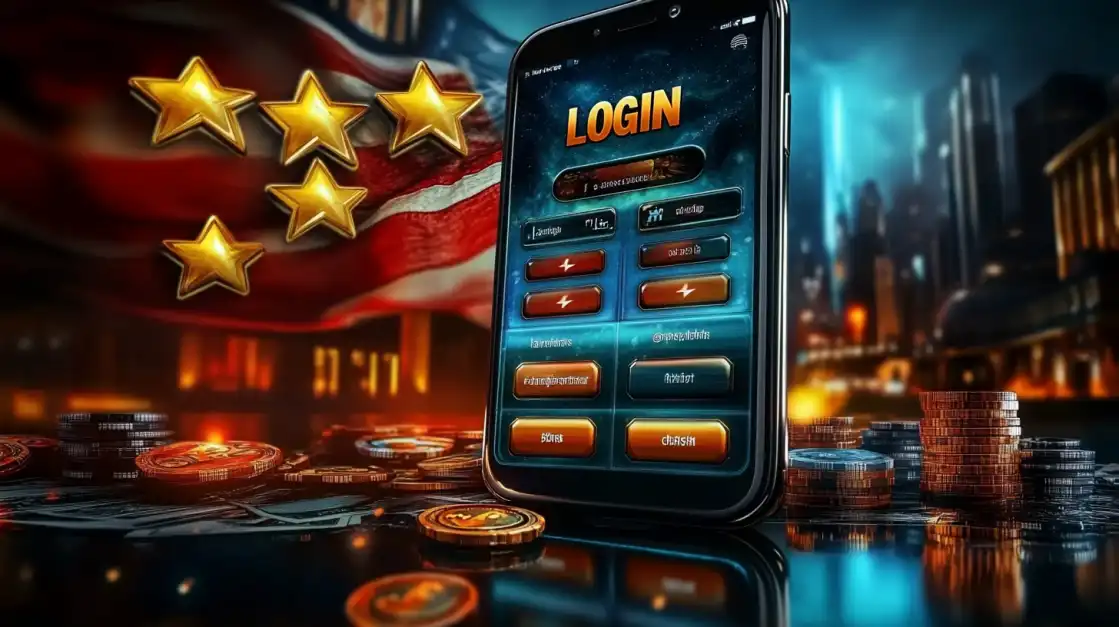 The login screen of the five-star rated okxx casino app on a smartphone, with a background of an American flag, a city at night, and stacks of coins, representing big wins.