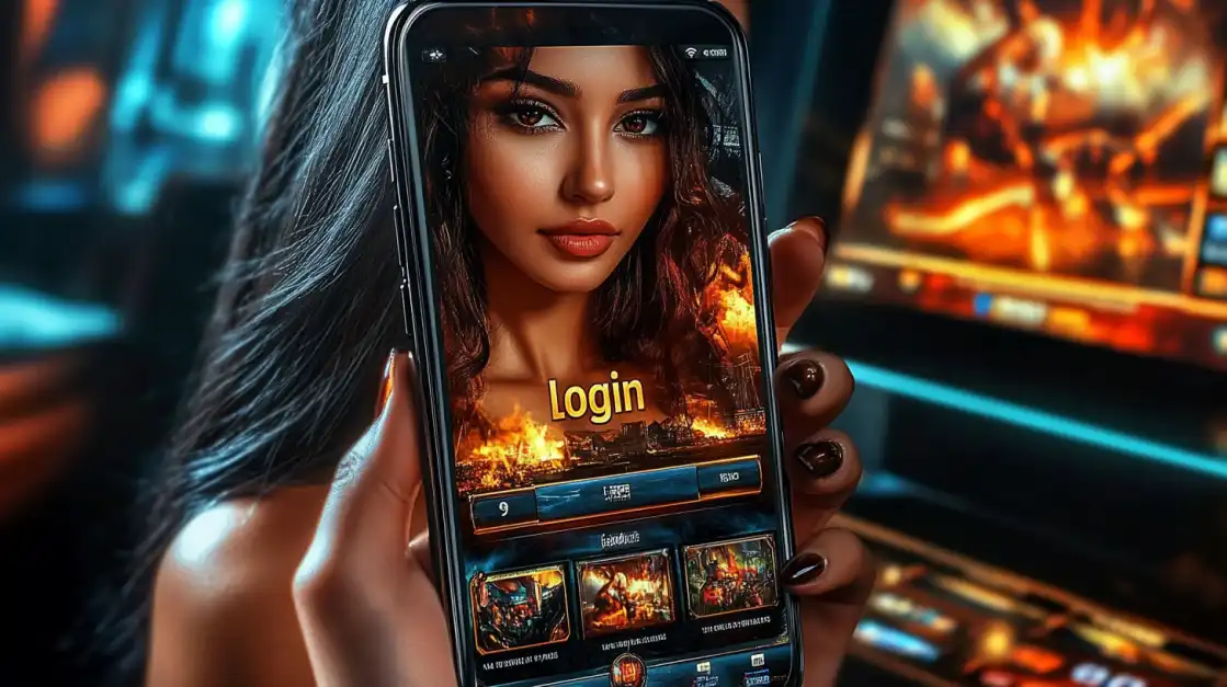 A close-up of a person's hand holding a smartphone with the okxx app's fiery login screen, ready to start playing in a vibrant casino environment.