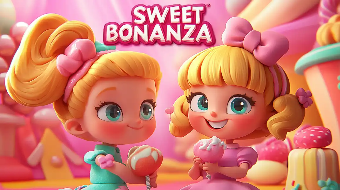 Two cheerful cartoon girls with lollipops in the vibrant and colorful candy land of the Sweet Bonanza slot game, a popular choice for players at the okxx online casino.